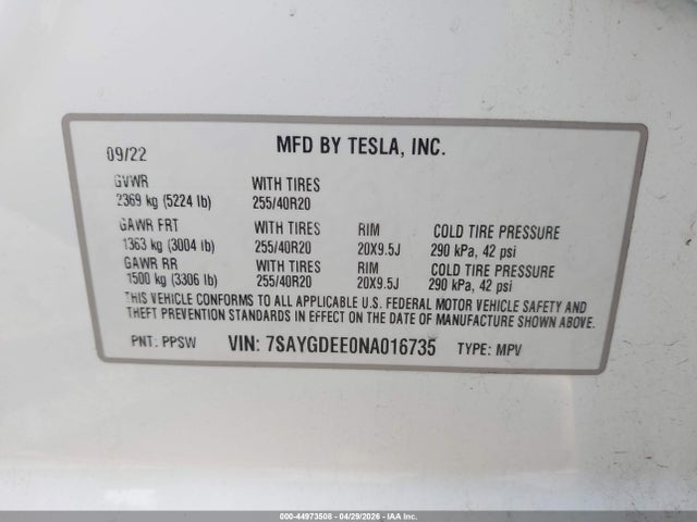 Aukcja sprzedaży 2022 Tesla Model Y Long Range Dual Motor All-wheel Drive, vin: 7SAYGDEE0NA016735, numer aukcji: 44973508