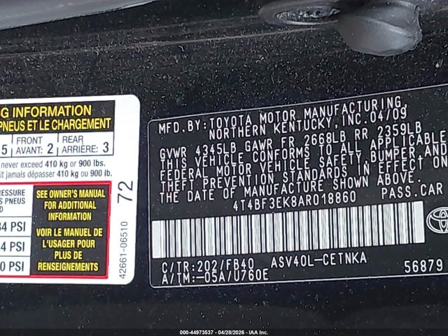 2010 Toyota Camry მანქანა იყიდება აუქციონზე, vin: 4T4BF3EK8AR018860, აუქციონის ნომერი: 44973537