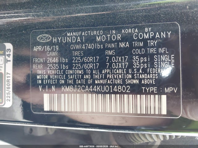 Auction sale of the 2019 Hyundai Tucson Se, vin: KM8J2CA44KU014802, lot number: 44973538