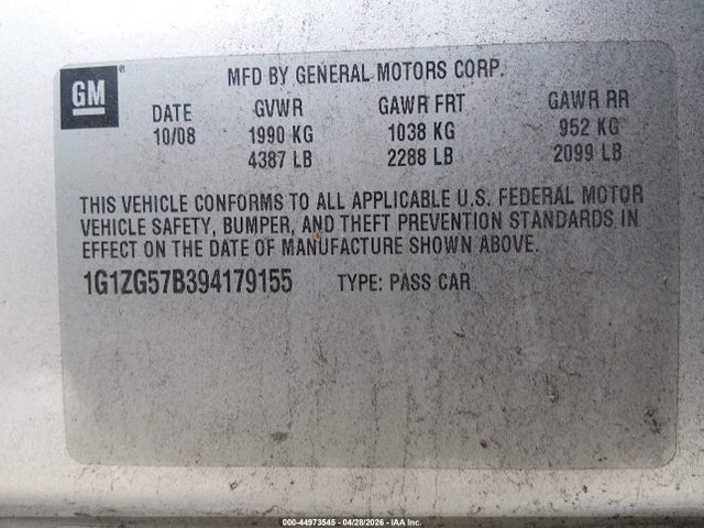 44973545 :رقم المزاد ، 1G1ZG57B394179155 vin ، 2009 Chevrolet Malibu Ls مزاد بيع