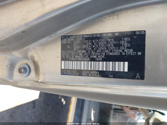 44973547 :رقم المزاد ، 5TBBT44186S476036 vin ، 2006 Toyota Tundra Sr5 V8 مزاد بيع