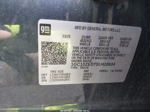 2025 Chevrolet Silverado Ev Lt მანქანა იყიდება აუქციონზე, vin: 1GC10ZED7SU410634, აუქციონის ნომერი: 44973548