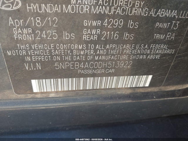 Продажа на аукционе авто 2013 Hyundai Sonata Gls, vin: 5NPEB4AC0DH513922, номер лота: 44973562