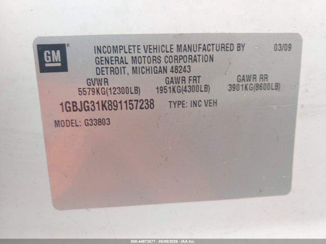 2009 Chevrolet Express Cutaway Work Van მანქანა იყიდება აუქციონზე, vin: 1GBJG31K891157238, აუქციონის ნომერი: 44973577