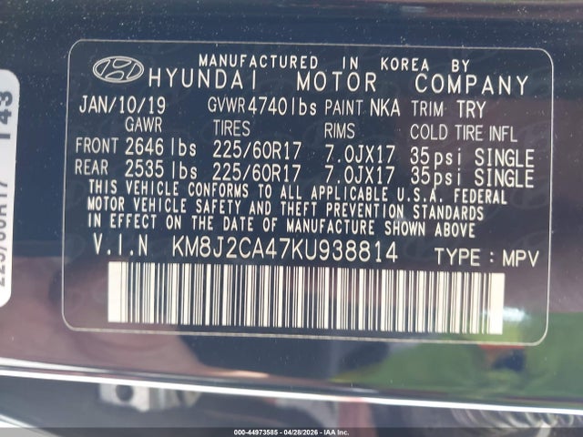 Aukcja sprzedaży 2019 Hyundai Tucson Se, vin: KM8J2CA47KU938814, numer aukcji: 44973585