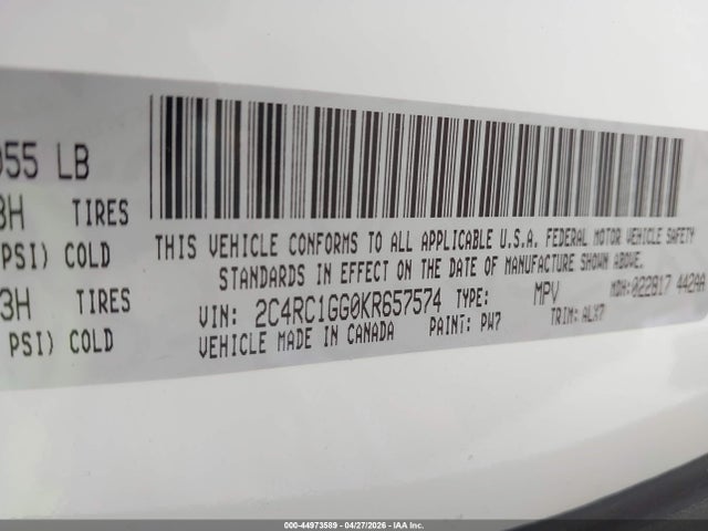 Auction sale of the 2019 Chrysler Pacifica Limited, vin: 2C4RC1GG0KR657574, lot number: 44973589