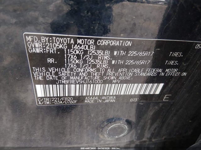 44973600 :رقم المزاد ، JTMBFREV5HJ161000 vin ، 2017 Toyota Rav4 Le مزاد بيع