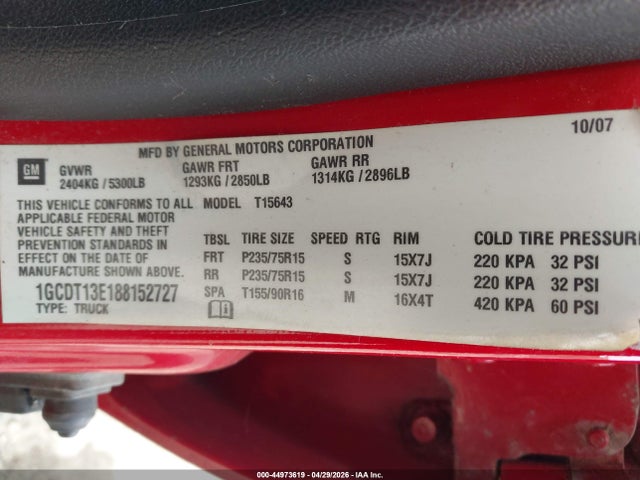 44973619 :رقم المزاد ، 1GCDT13E188152727 vin ، 2008 Chevrolet Colorado Lt مزاد بيع