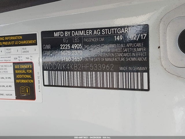 44973621 :رقم المزاد ، WDDWK4KB2HF533962 vin ، 2017 Mercedes-benz C 300 4matic مزاد بيع