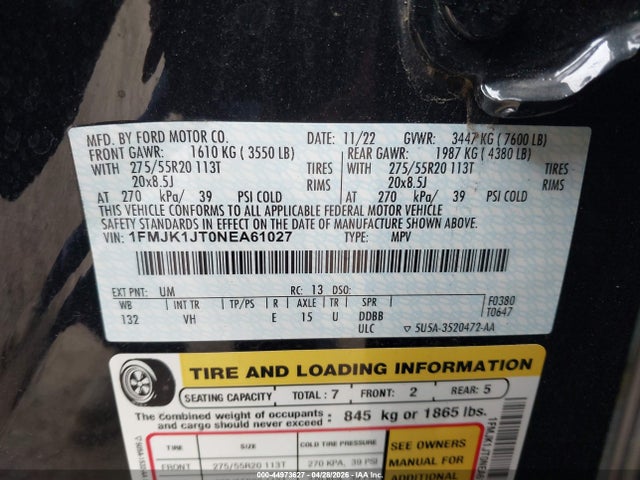 Продаж на аукціоні авто 2022 Ford Expedition Xlt Max, vin: 1FMJK1JT0NEA61027, номер лоту: 44973627