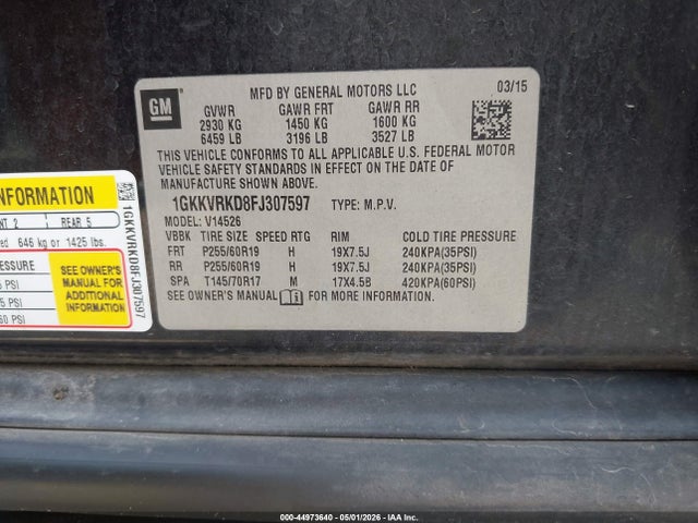 GMC Acadia Slt-1 2015 1GKKVRKD8FJ307597 Image 9