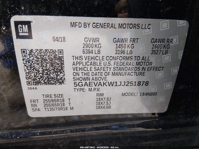 2018 Buick Enclave Essence მანქანა იყიდება აუქციონზე, vin: 5GAEVAKW1JJ251878, აუქციონის ნომერი: 44973642