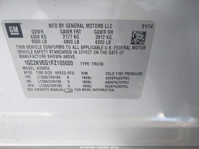 Продаж на аукціоні авто 2015 Chevrolet Silverado 2500hd Lt, vin: 1GC2KVEG1FZ103020, номер лоту: 44973646