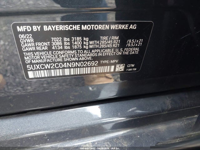 Продаж на аукціоні авто 2022 Bmw X7 Xdrive40i, vin: 5UXCW2C04N9N02692, номер лоту: 44973652