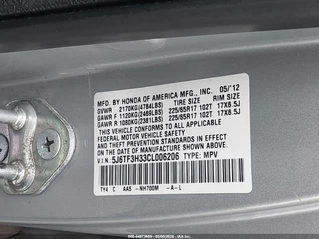 44973655 :رقم المزاد ، 5J6TF3H33CL006206 vin ، 2012 Honda Crosstour 2.4 Ex مزاد بيع