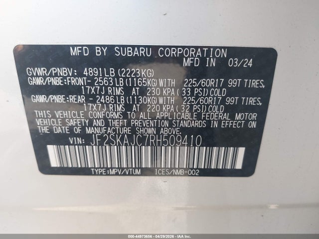 2024 Subaru Forester Wilderness მანქანა იყიდება აუქციონზე, vin: JF2SKAJC7RH509410, აუქციონის ნომერი: 44973656