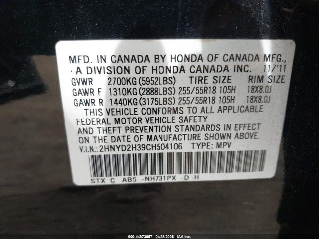 Aukcja sprzedaży 2012 Acura Mdx Technology Package, vin: 2HNYD2H39CH504106, numer aukcji: 44973657
