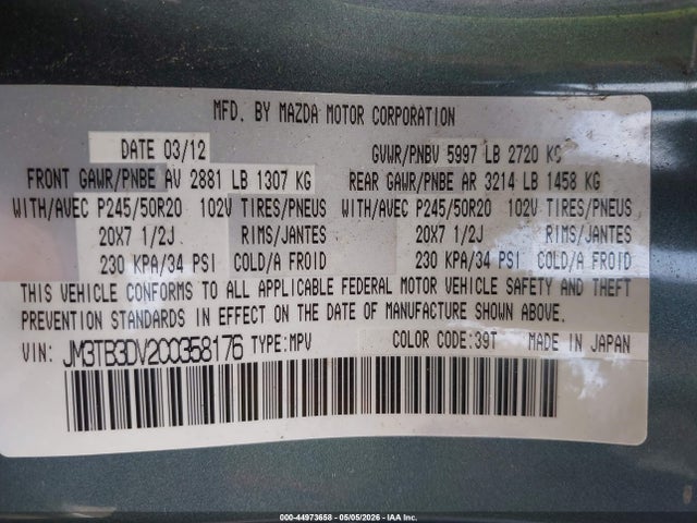 2012 Mazda Cx-9 Grand Touring მანქანა იყიდება აუქციონზე, vin: JM3TB3DV2C0358176, აუქციონის ნომერი: 44973658