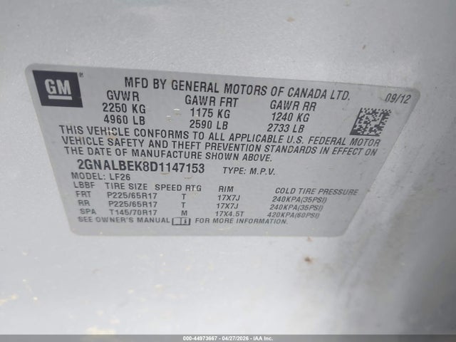 2013 Chevrolet Equinox Ls მანქანა იყიდება აუქციონზე, vin: 2GNALBEK8D1147153, აუქციონის ნომერი: 44973667