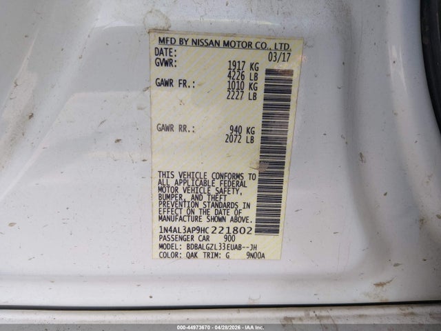 Aukcja sprzedaży 2017 Nissan Altima 2.5 S, vin: 1N4AL3AP9HC221802, numer aukcji: 44973670