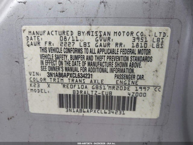 Aukcja sprzedaży 2012 Nissan Sentra 2.0 Sr, vin: 3N1AB6APXCL634231, numer aukcji: 44973674