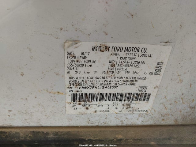 2018 Ford Explorer Limited მანქანა იყიდება აუქციონზე, vin: 1FM5K7FH1JGA02057, აუქციონის ნომერი: 44973681