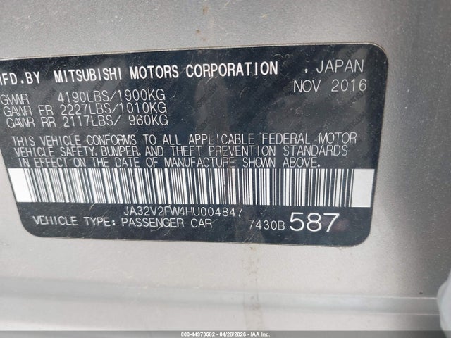 44973682 :رقم المزاد ، JA32V2FW4HU004847 vin ، 2017 Mitsubishi Lancer Es مزاد بيع
