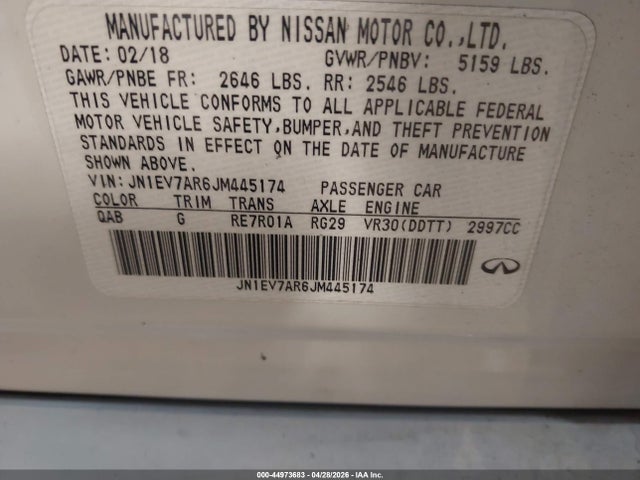 Aukcja sprzedaży 2018 Infiniti Q50 3.0t Luxe, vin: JN1EV7AR6JM445174, numer aukcji: 44973683