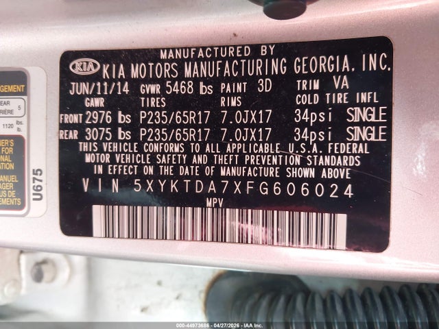 Aukcja sprzedaży 2015 Kia Sorento Lx V6, vin: 5XYKTDA7XFG606024, numer aukcji: 44973686