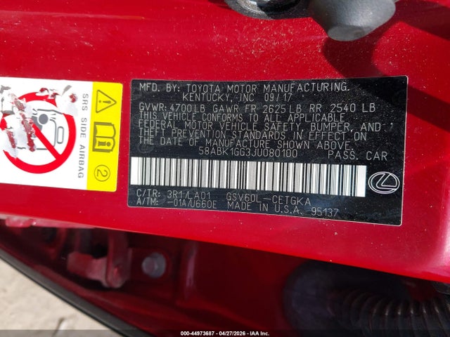 44973687 :رقم المزاد ، 58ABK1GG3JU080100 vin ، 2018 Lexus Es 350 مزاد بيع