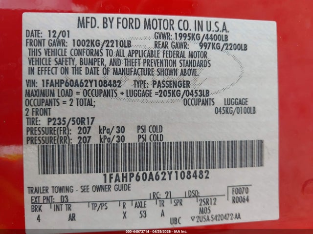 44973714 :رقم المزاد ، 1FAHP60A62Y108482 vin ، 2002 Ford Thunderbird مزاد بيع