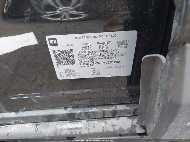 44973730 :رقم المزاد ، 1GNEVGKW0MJ231232 vin ، 2021 Chevrolet Traverse Awd Lt Cloth مزاد بيع