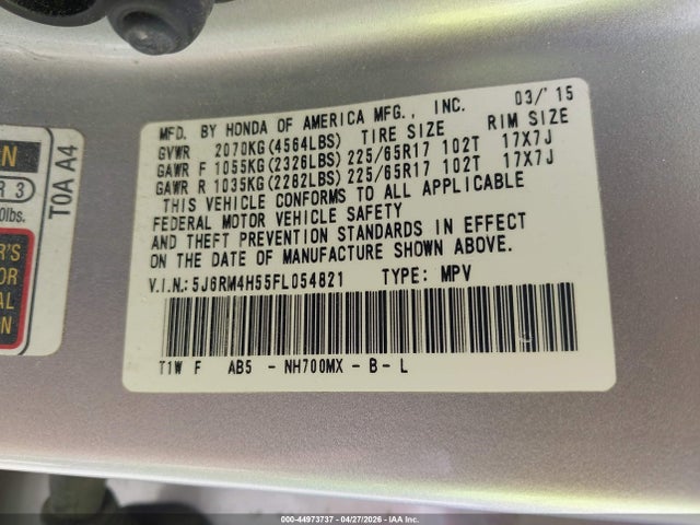 44973737 :رقم المزاد ، 5J6RM4H55FL054821 vin ، 2015 Honda Cr-v Ex مزاد بيع
