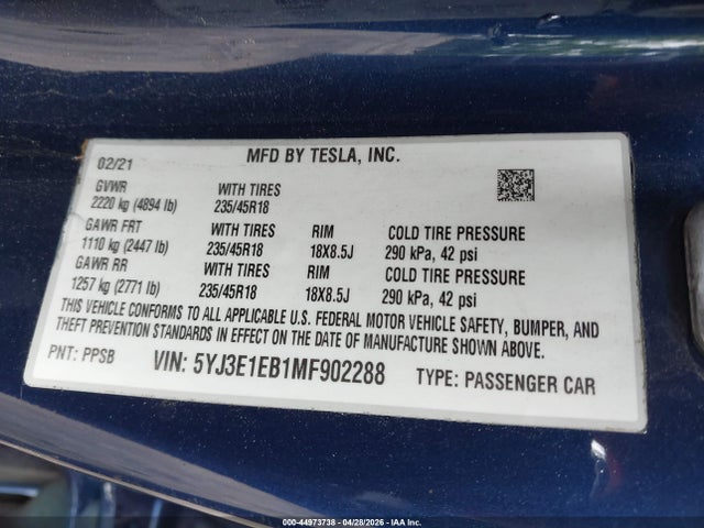 44973738 :رقم المزاد ، 5YJ3E1EB1MF902288 vin ، 2021 Tesla Model 3 Long Range Dual Motor All-wheel Drive مزاد بيع