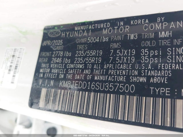 Продажа на аукционе авто 2025 Hyundai Tucson Hybrid Limited, vin: KM8JEDD16SU357500, номер лота: 44973744