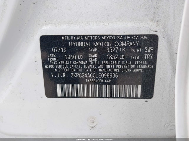 44973752 :رقم المزاد ، 3KPC24A60LE096936 vin ، 2020 Hyundai Accent Se مزاد بيع
