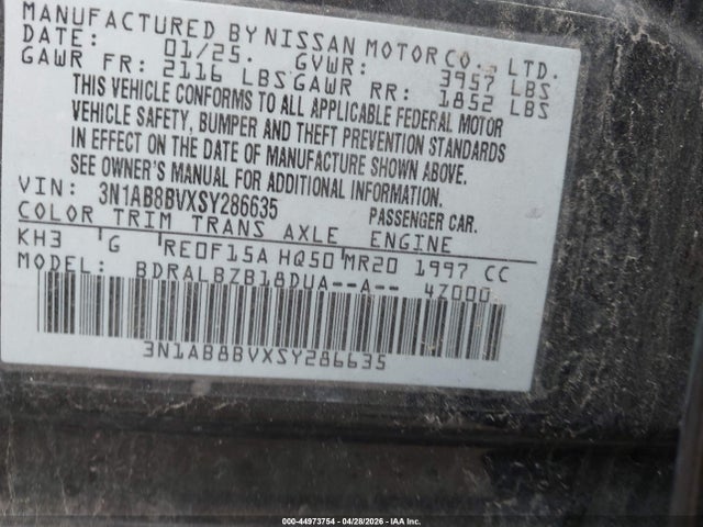 Aukcja sprzedaży 2025 Nissan Sentra S, vin: 3N1AB8BVXSY286635, numer aukcji: 44973754