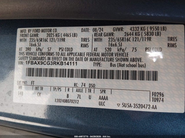 Ford Transit-350 Passenger Van Xlt 2024 1FBAX9CG3RKB14111 Image 9