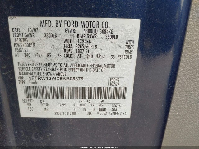 2008 Ford F-150 60th Anniversary/fx2/xl/xlt მანქანა იყიდება აუქციონზე, vin: 1FTRW12WX8KB95375, აუქციონის ნომერი: 44973775