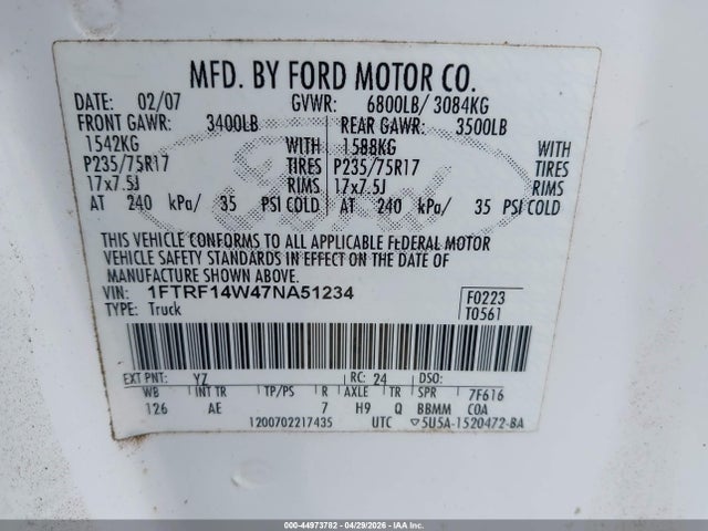 44973782 :رقم المزاد ، 1FTRF14W47NA51234 vin ، 2007 Ford F-150 Stx/xl/xlt مزاد بيع