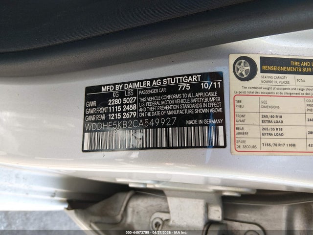 Продаж на аукціоні авто 2012 Mercedes-benz E 350, vin: WDDHF5KB2CA549927, номер лоту: 44973799
