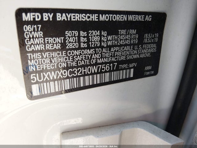 Продаж на аукціоні авто 2017 Bmw X3 Xdrive28i, vin: 5UXWX9C32H0W75617, номер лоту: 44973805