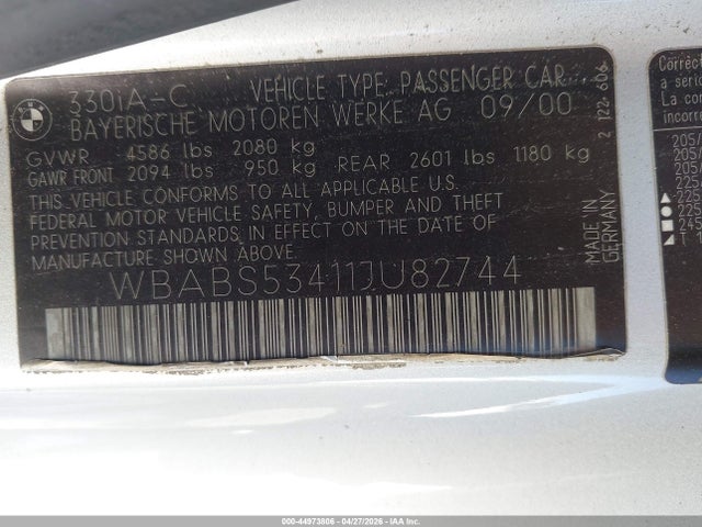 44973806 :رقم المزاد ، WBABS53411JU82744 vin ، 2001 Bmw 330ci مزاد بيع