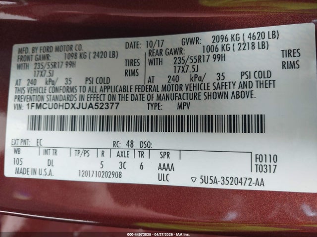 Aukcja sprzedaży 2018 Ford Escape Sel, vin: 1FMCU0HDXJUA52377, numer aukcji: 44973835