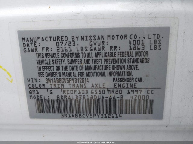 44973839 :رقم المزاد ، 3N1AB8CV5PY312614 vin ، 2023 Nissan Sentra Sv Xtronic Cvt مزاد بيع
