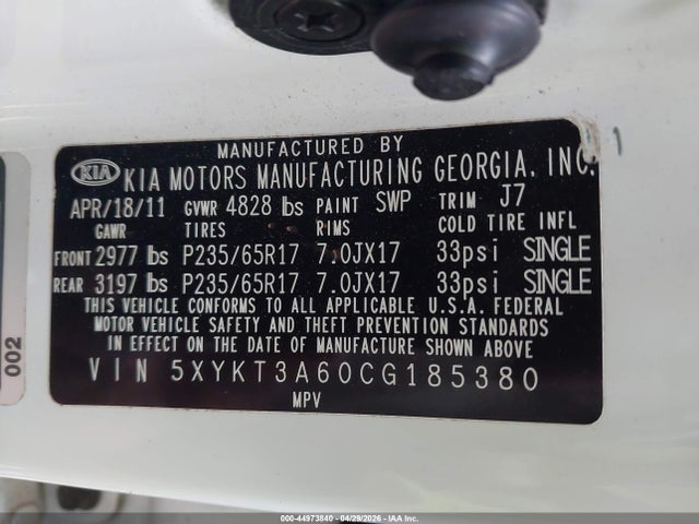Продажа на аукционе авто 2012 Kia Sorento Lx, vin: 5XYKT3A60CG185380, номер лота: 44973840