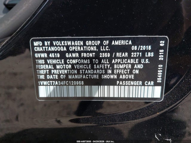 Aukcja sprzedaży 2015 Volkswagen Passat 1.8t Sel Premium, vin: 1VWCT7A34FC120958, numer aukcji: 44973858