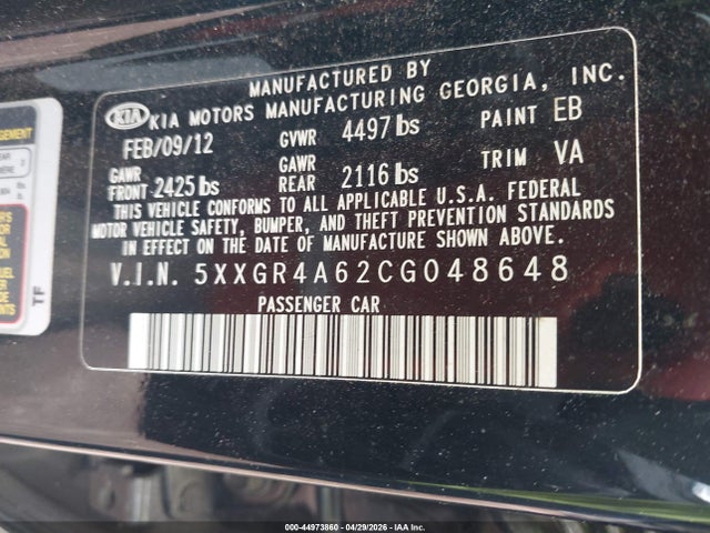 Продажа на аукционе авто 2012 Kia Optima Sx, vin: 5XXGR4A62CG048648, номер лота: 44973860