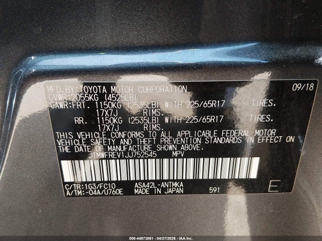 Aukcja sprzedaży 2018 Toyota Rav4 Xle, vin: JTMWFREV1JJ752545, numer aukcji: 44973861