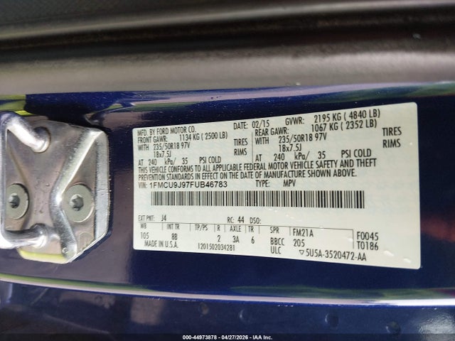 Продажа на аукционе авто 2015 Ford Escape Titanium, vin: 1FMCU9J97FUB46783, номер лота: 44973878